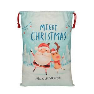 Custom Xmas Pattern 100% Natural Cotton Drawstring Canvas Christmas Santa Sack for Stocking Present Gift