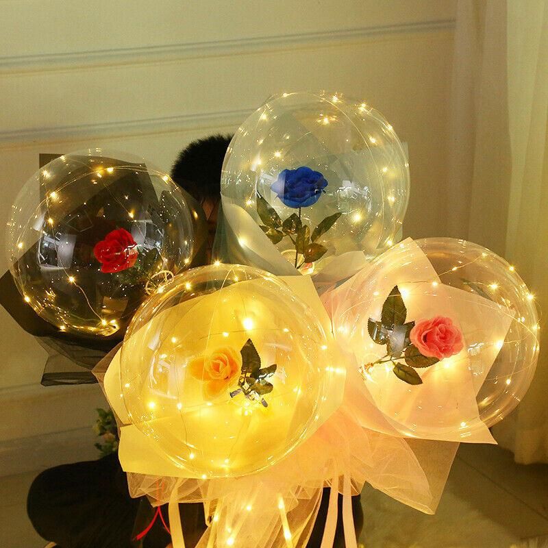 LED Light Transparent Balloon with Rose Flower Bouquet LED Luminous Bobo Balloon