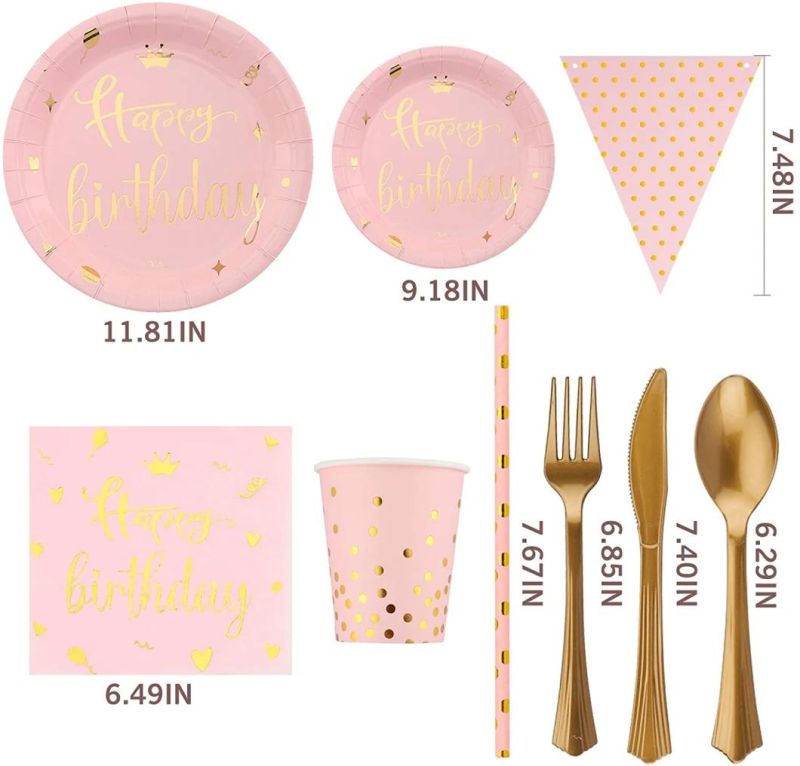 Pink Gold Birthday Plates Happy Birthday Party Supplies Tableware