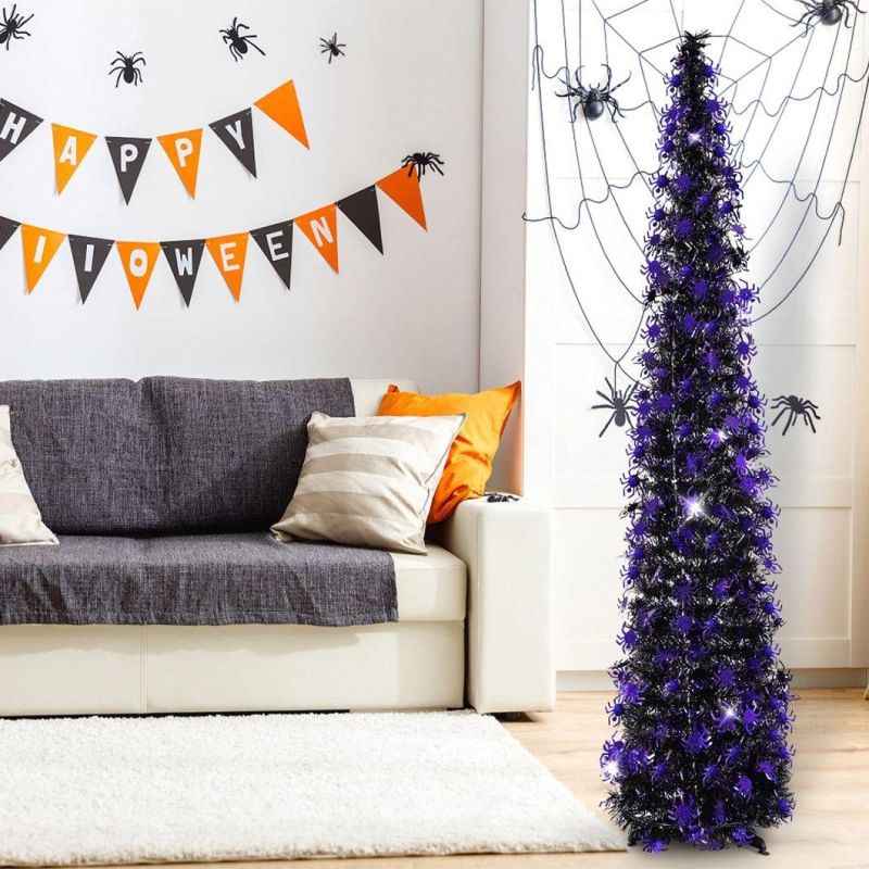 5 Foot Black Tinsel Halloween Christmas Tree with 50 Color Lights - Collapsible Pop up Spider Sequin Artificial Pencil Halloween Tree Decorations for Home Firep