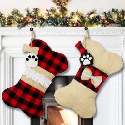 Pet Dog Christmas Stockings Set of 2, Buffalo Plaid Christmas Stockings Large Bone Shape Hanging Pets Stockings for Dogs Christmas Decorations