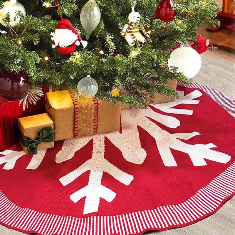 Wholesale Xmas Tree Decoration Round Cotton Wine Red Knitted Christmas Tree Skirt