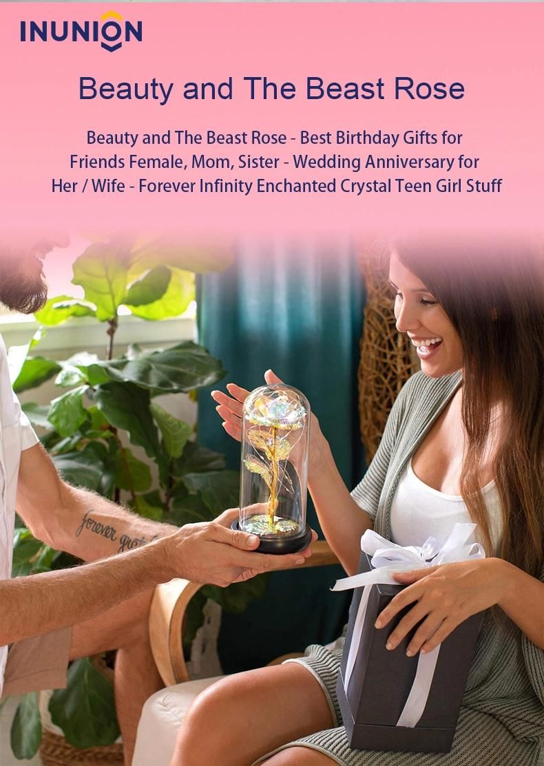 Hot Sale 24K Gold Rose Preserved Galaxy Rose in Glass Dome Wooden Base Valentine′s Gift Enchanted LED Light Rose in Glass