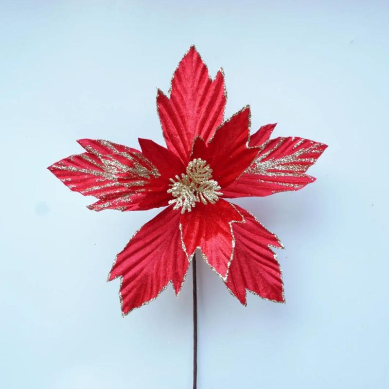 Cheap Wholesale Artificial Glitter Red Christmas Flower Poinsettia for Tree Decoration