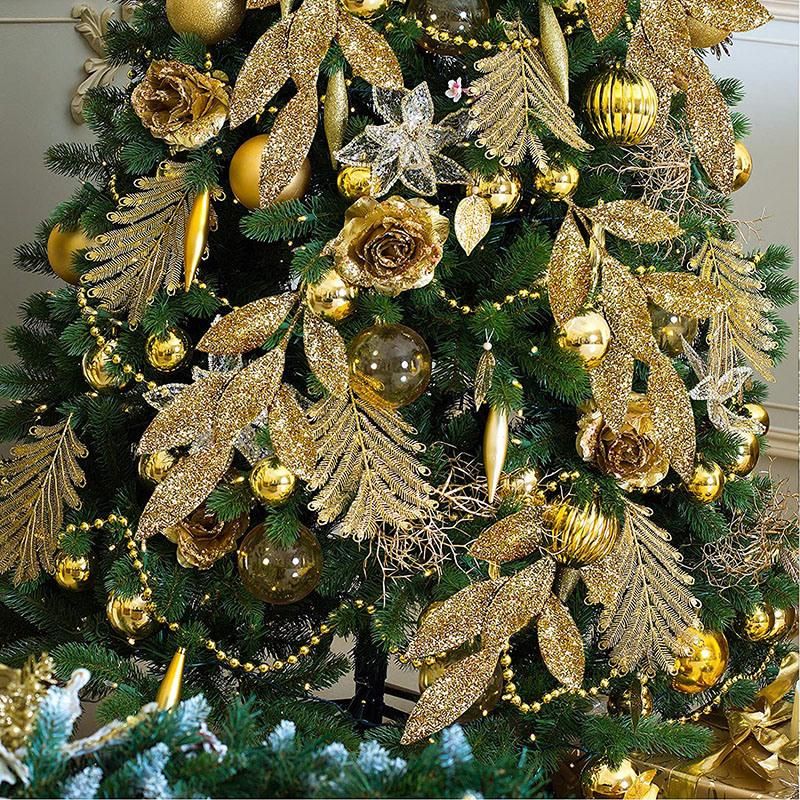 Artificial Flower Wholesale Christmas Tree Decor Glitter Leaves Picks Spray Decoration