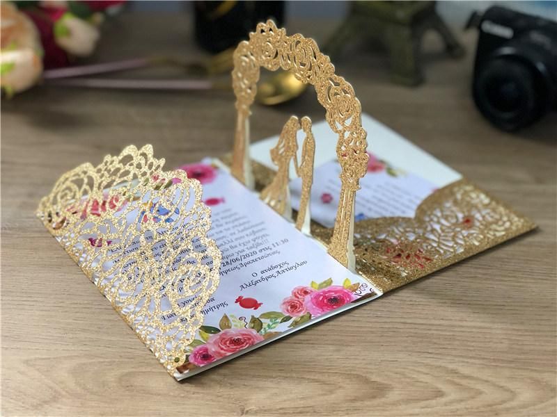 Glitter Laser Cut 3D Handmade Pop up Wedding Invitation Card