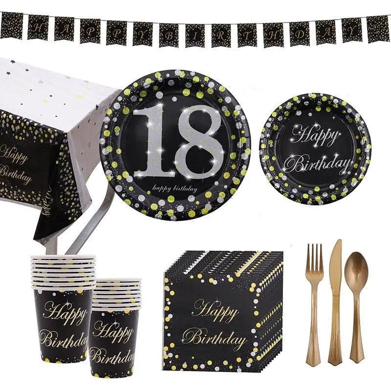 Party Decorations Black Gold Happy Birthday Party Paper Cup Paper Plate Napkin Disposable Tableware Party Set