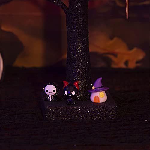 2FT Halloween Black Tree Battery Powered with 24 Orange Lights and Pumpkin Ornaments Light up Bonsai Tree for Halloween Indoor Tabletop Decoration