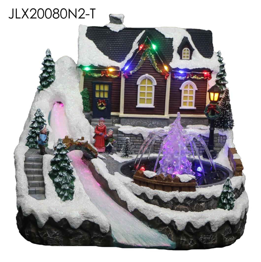 Christmas Church House with LED Lights and Running Water Wheel Christmas Tree Rotation Function with Music