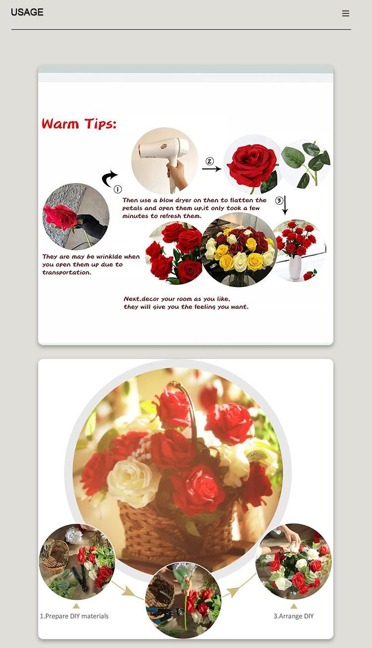 High Quality Real Touch Silk Red Roses Artificial Velvet Rose Flower for Wedding Decoration