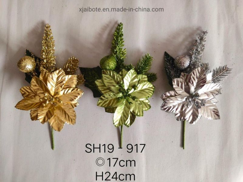 Glitter Xmas Poinsettia Flowers Stem with Glitter Hollow Petals Christmas Ornaments Wholesale