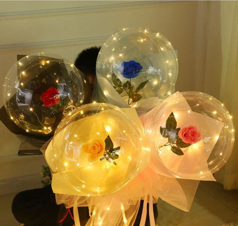 New Hot Sale LED Luminous Balloon Transparent Bobo Balloon Rose Bouquet for Valentines Day Gift