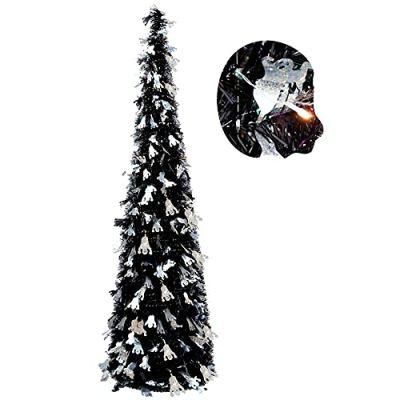 5FT Pop up Tinsel Christmas Slim Black Trees W/Shiny Ghost, Collapsible Artificial Pencil Halloween Tree with Plastic Stand Decoration