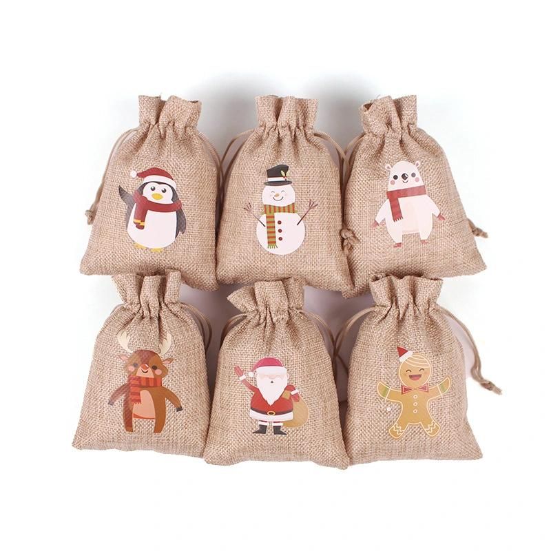 Christmas Linen Bags with Drawstrings Christmas Burlap Goody Gift Bags with Double Jute Drawstrings, Snowman, Santa Claus, Penguin and Elk