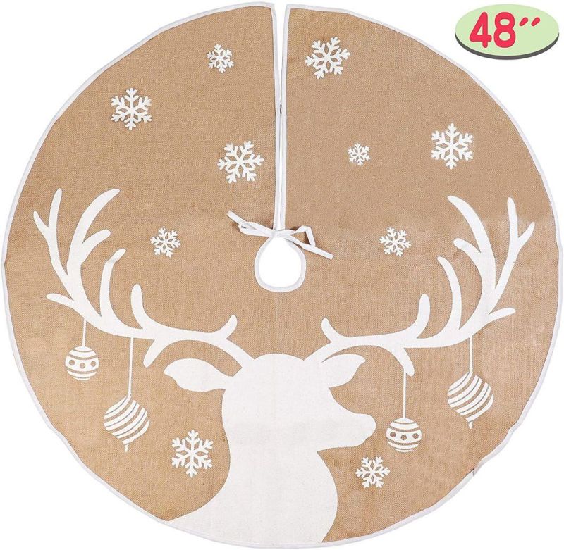 Burlap Tree Skirt 48 Inch Round Hot Sale New Year Decoration Linen Christmas Tree Skirt with Snowflake