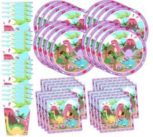 Umiss Pink Little Dino Girl Dinosaur Birthday Party Supplies Set Plates Napkins Cups Tableware Kit for 16