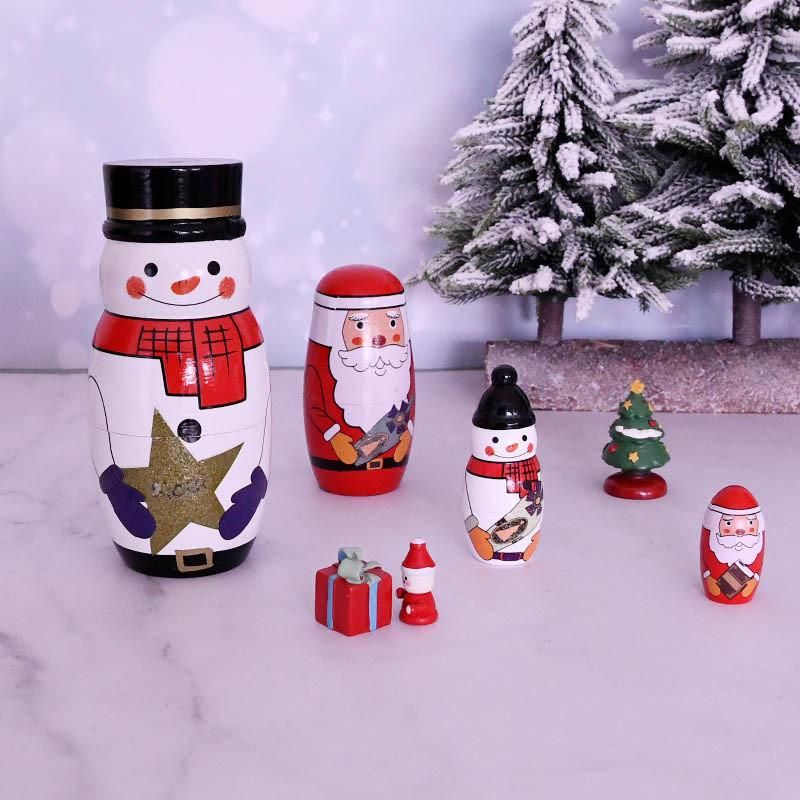 5PCS Christmas Snowman Nesting Dolls Handmade Wooden Matryoshka Dolls Russian Nesting Dolls Set Home Decoration