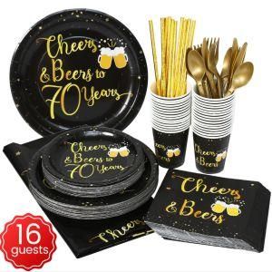 70th Happy Birthday Black Gold Disposable Tableware Adult Birthday Party Decoration