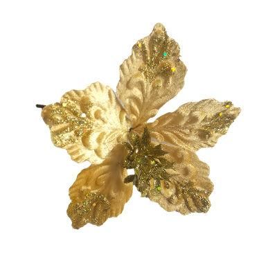 Beautiful Color Fabric Poinsettia Artificial Christmas Flower Ornament Decorated with Matching Glitter and Sequins