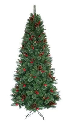9FT Green PE, Flowering Pine Needle &amp; PVC Mixed Tips Christmas Tree with Pine Cone and Red Berries