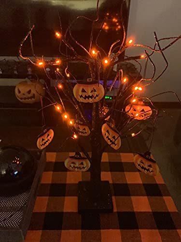 2FT Halloween Black Tree Battery Powered with 24 Orange Lights and Pumpkin Ornaments Light up Bonsai Tree for Halloween Indoor Tabletop Decoration