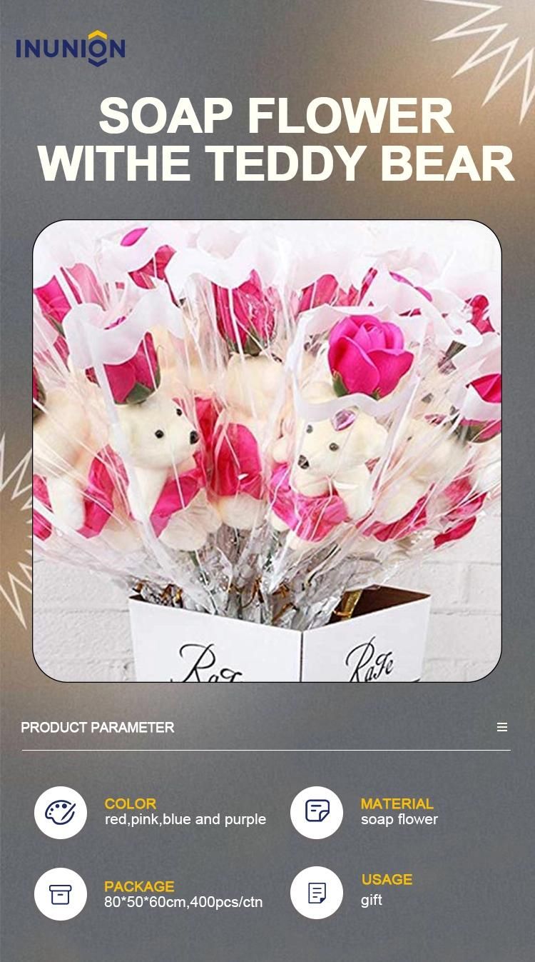 Artificial Soap Flower Single Rose with Teedy Bear for Valentine′ S Day, Mother′ S Day, Christmas