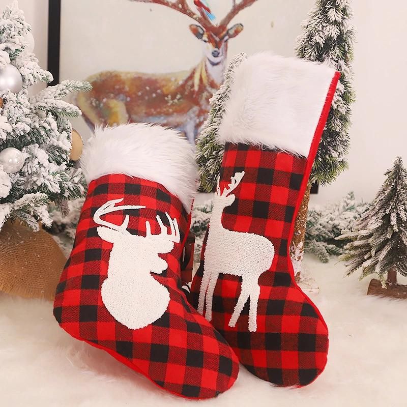 New Cross-Border Christmas Decorations White Fur Collar Jacquard Embroidery Plaid Christmas Stockings Christmas Tree Decorations Hanging Ornaments