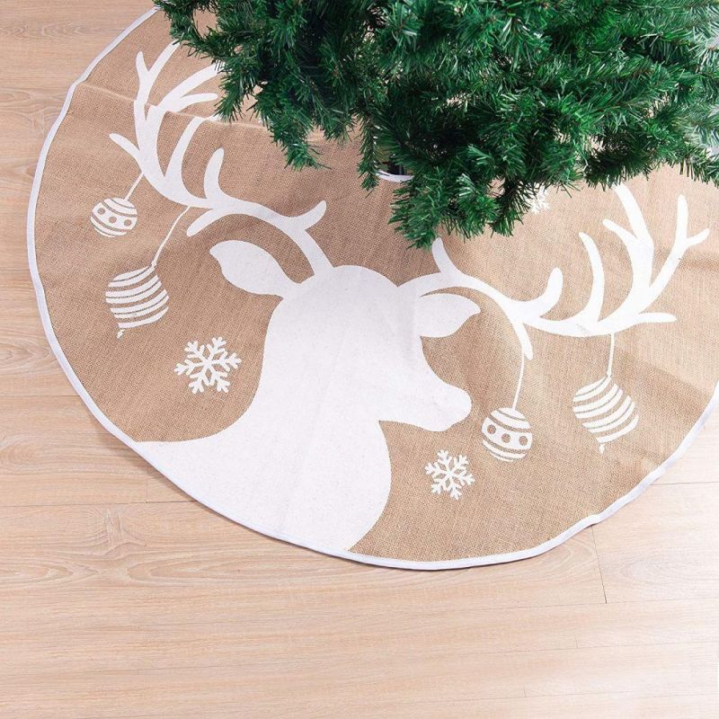 Burlap Tree Skirt 48 Inch Round Hot Sale New Year Decoration Linen Christmas Tree Skirt with Snowflake