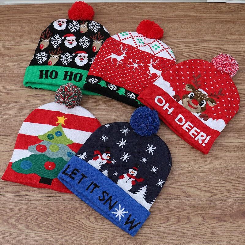 LED Light Christmas Knitted Hat for Kids Adults Christmas Decorations