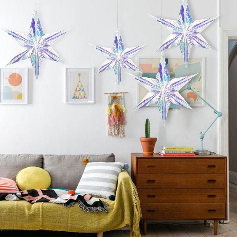 Colorful Film Three-Dimensional Five-Pointed Star Hexagonal Star Hanging Decorations Rainbow Film Hanging Decorations Window Birthday Party Supplies Festival