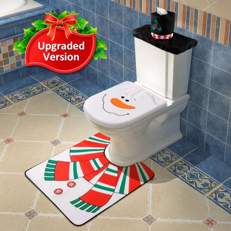 Fancy Christmas Toilet Seat Lid Cover + Contour Rug Set Bathroom Accessories Xmas Supplies Decoration