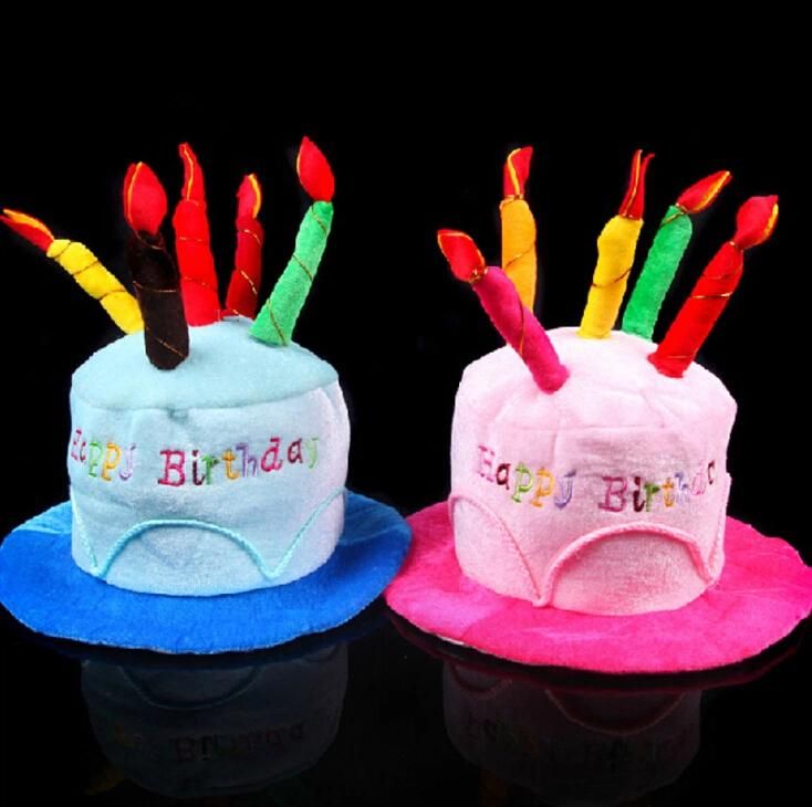 Happy Birthday Plush Cake Hats with Candles Pink or Blue Novelty Party Hat