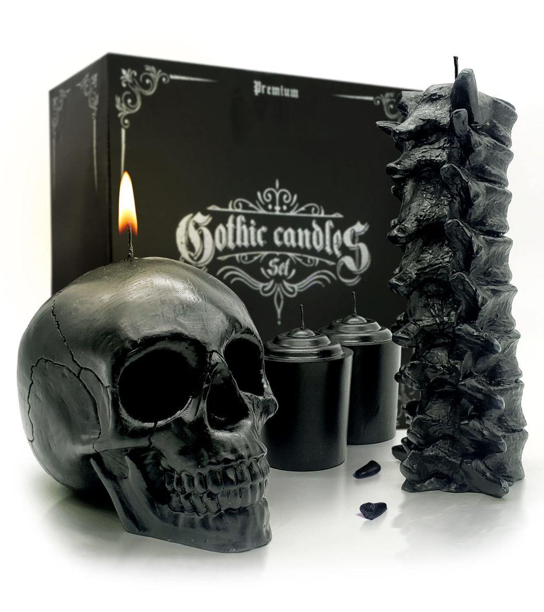 Spine & Skull Candle Set - Scented 4 Pack - Gothic Decor for Bedroom - Black Skull Decor for Home - Goth Room Decor