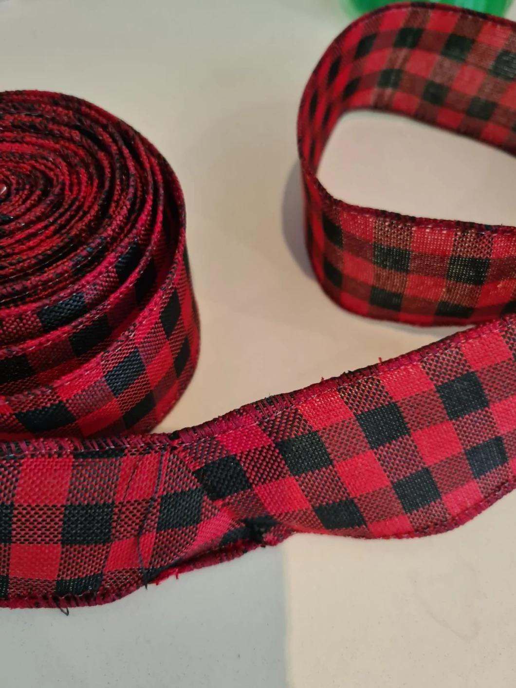 Red and Black Plaid Burlap Ribbon Christmas Wired Ribbon Wrapping Ribbon for Christmas Crafts Decoration, Floral Bows Craft