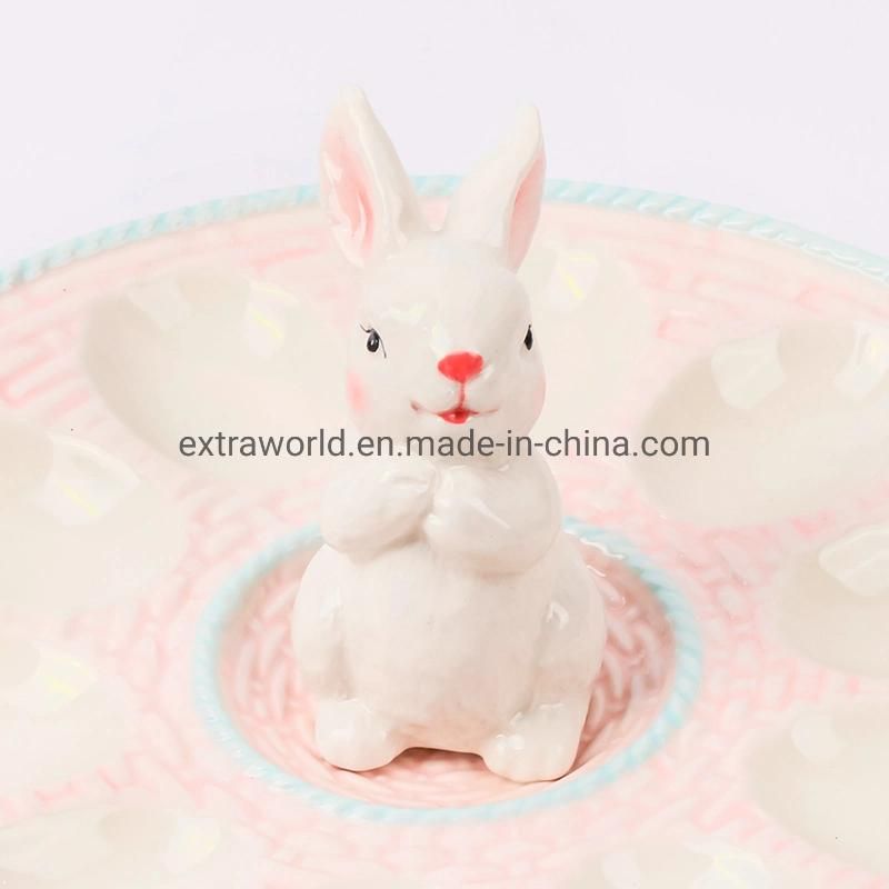 Pink with White Bunny Rabbit Deviled Egg Ceramic Eggs Holder Serving Tray