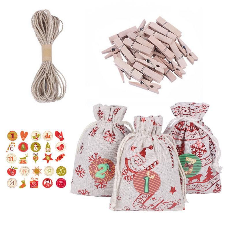 Christmas Decorations Candy Drawstring Cotton Gift Bag Advent Calendar Countdown 24 PCS Sets
