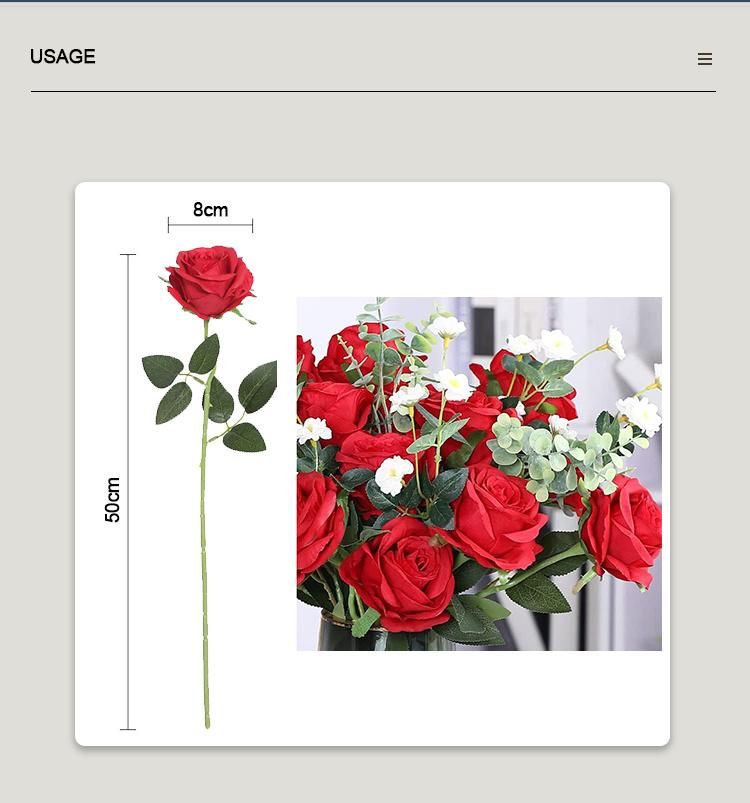 High Quality Real Touch Silk Red Roses Artificial Velvet Rose Flower for Wedding Decoration