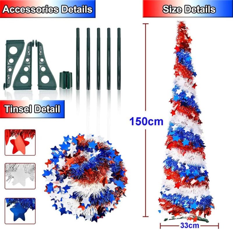 Red White Blue Tinsel Tree for Independence Day Decoration, Pop up Pencil Tree, Collapsible Christmas Tree for Indoor Outdoor Home Party Supplies