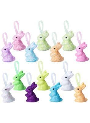 10PCS Artifical Flocked Glitter Easter Bunny with Hanging Ribbons