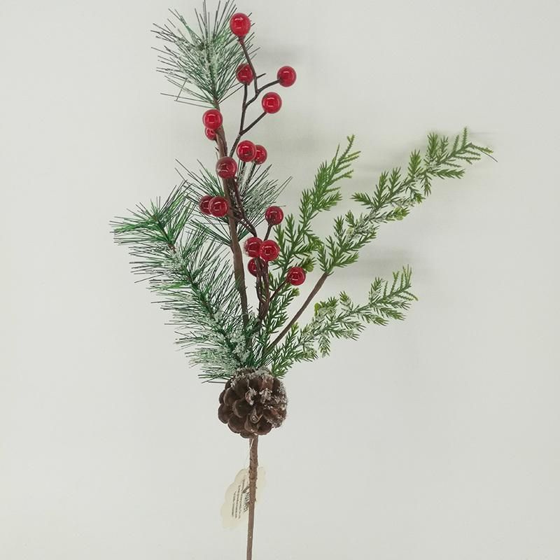 High Quality Artificial Christmas Glitters Pine Leaves Picks with Red Berry Branch for Xmas Decoration