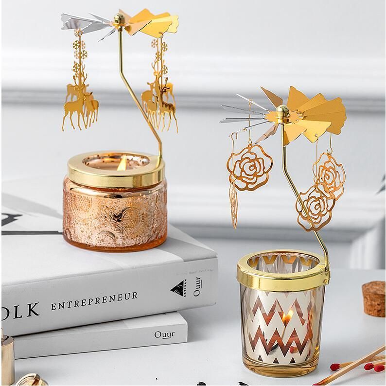 Supplier Mercury Golden Rotating Candle Holder Set with Glass Candle Jar