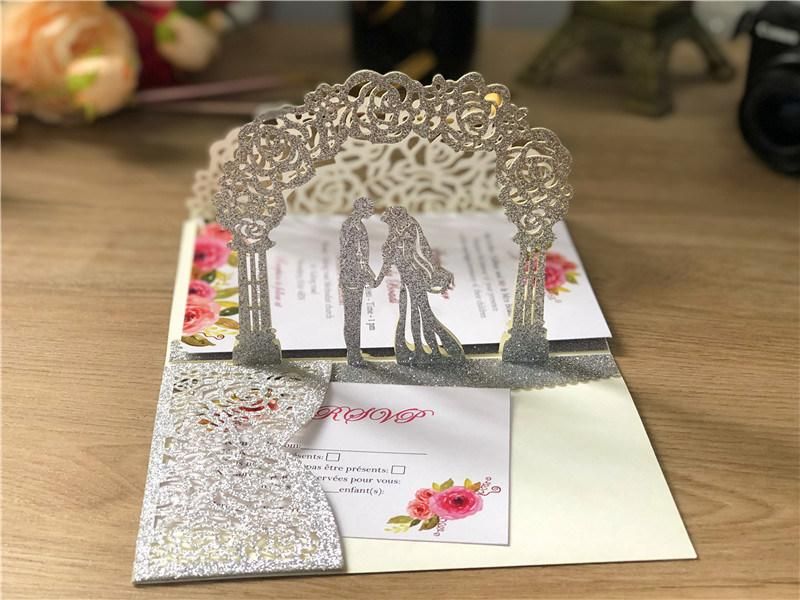 Glitter Laser Cut 3D Handmade Pop up Wedding Invitation Card