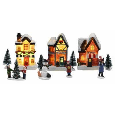 Custom Design Table Top Village Holiday Decor Battery Lighted Polyresin Christmas House Christmas Tree Set Decoration