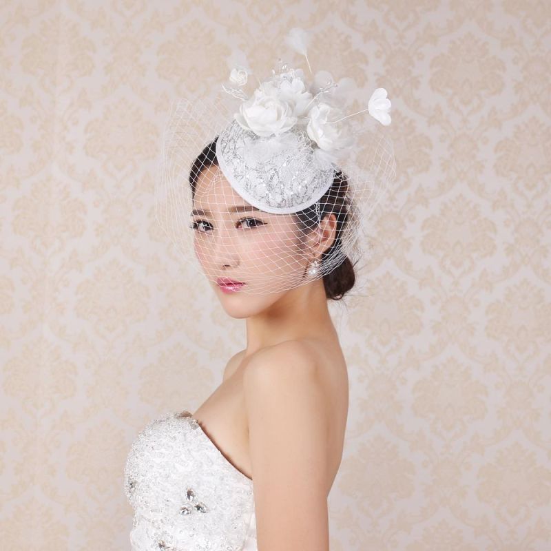 Women Church Fancy Dress Hats Bride Headdress Bridal Flower Decorative White Wedding Hats