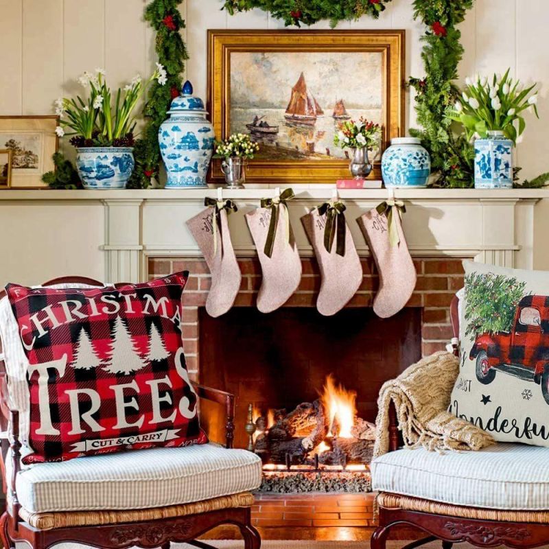 18inches Christmas Decorations Black and Red Buffalo Plaid Throw Pillowcase Farmhouse Christmas Pillow Covers