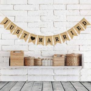 Just Married Bunting Banner Vintage Hessian Flag for Wedding Party Decoration