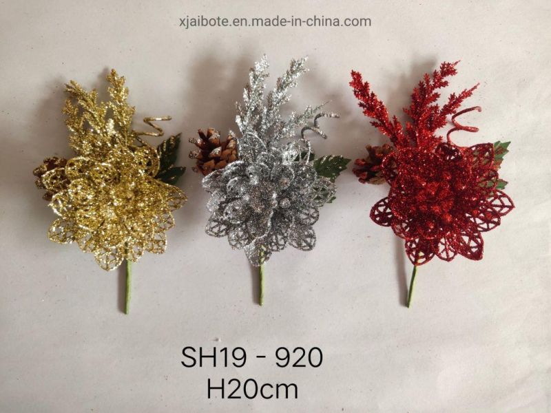 Glitter Xmas Poinsettia Flowers Stem with Glitter Hollow Petals Christmas Ornaments Wholesale