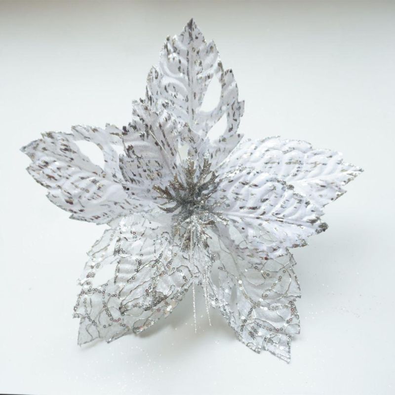 Silver Artificial Xmas Golden Silver Color Poinsettias or Christmas Decoration