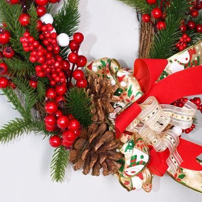 New 40cmpe Decoration Pine Cone Red Fruit Christmas Cloth Flower Wall Hanging Door Hanging Christmas Wreath