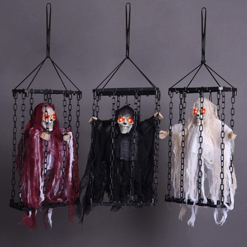 Animated Hanging Shaking Ghost Chained Halloween Decor Sound Sensor Flashing Eyes Pack of 3